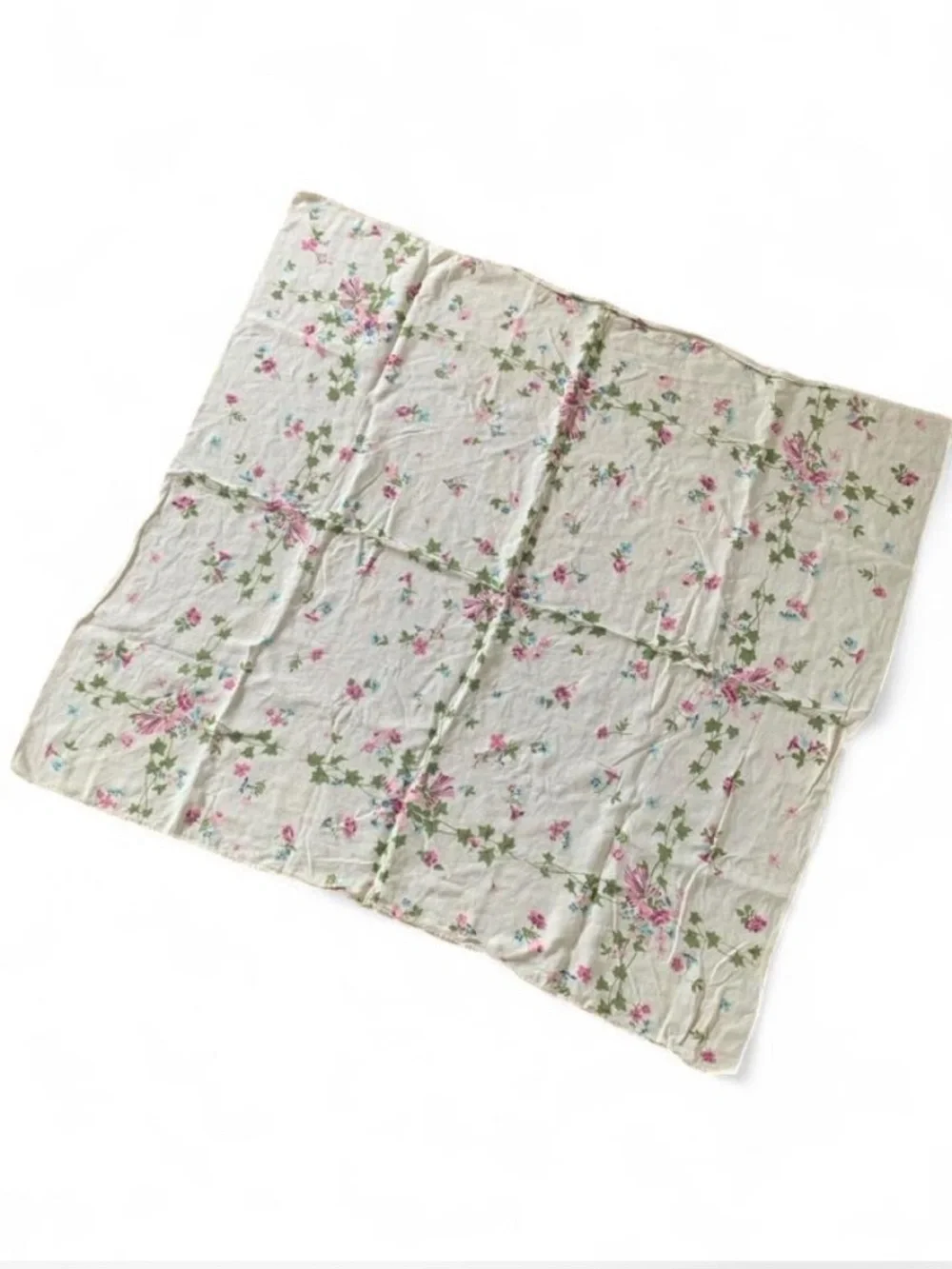 Vintage Cotton Tablecloth English Ivy Flowers and Bows Pink Purple Green 44x48